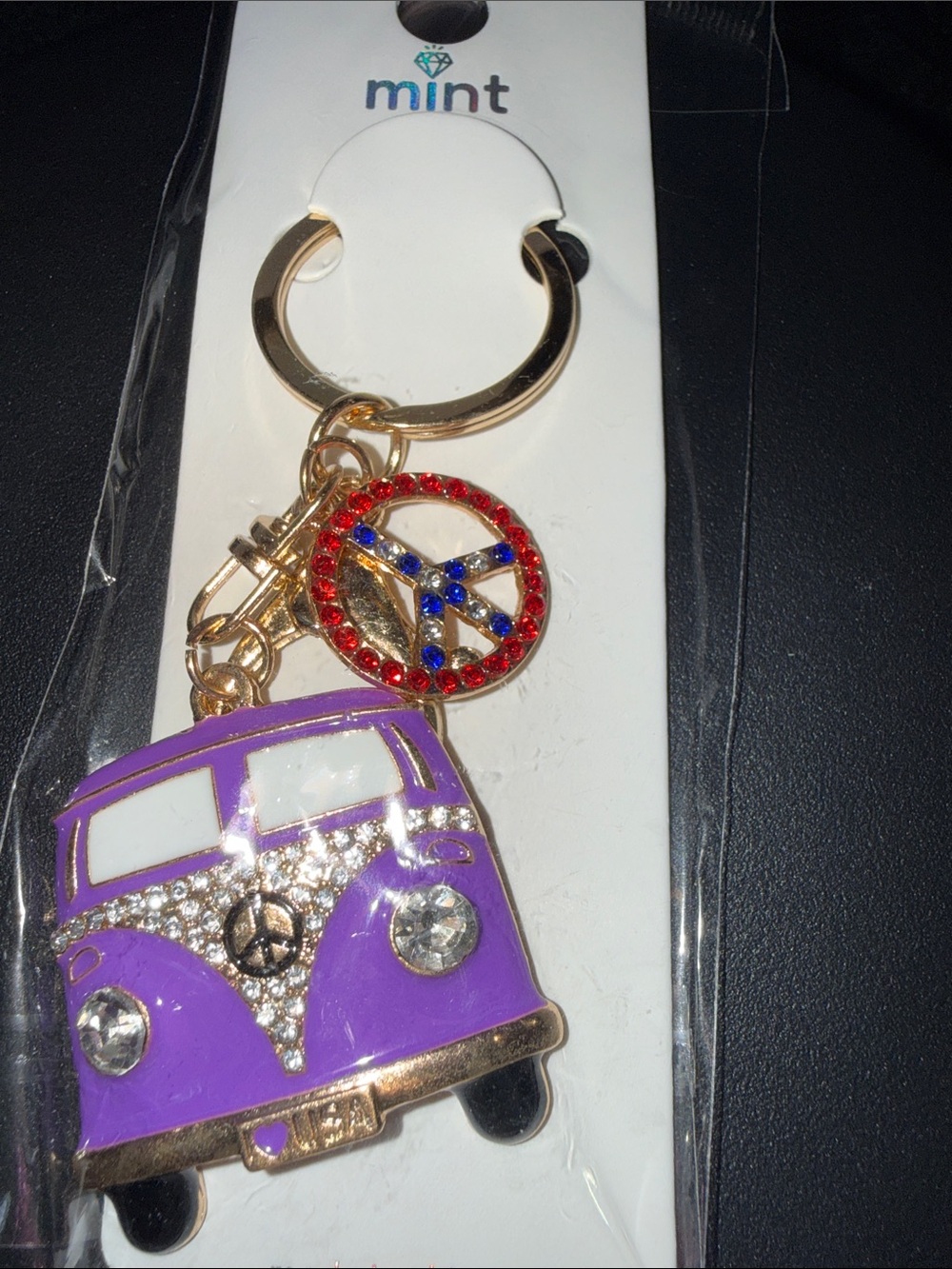 Mint Purple Rhinestone VW Bus Keychain with Red & Blue Peace Charm